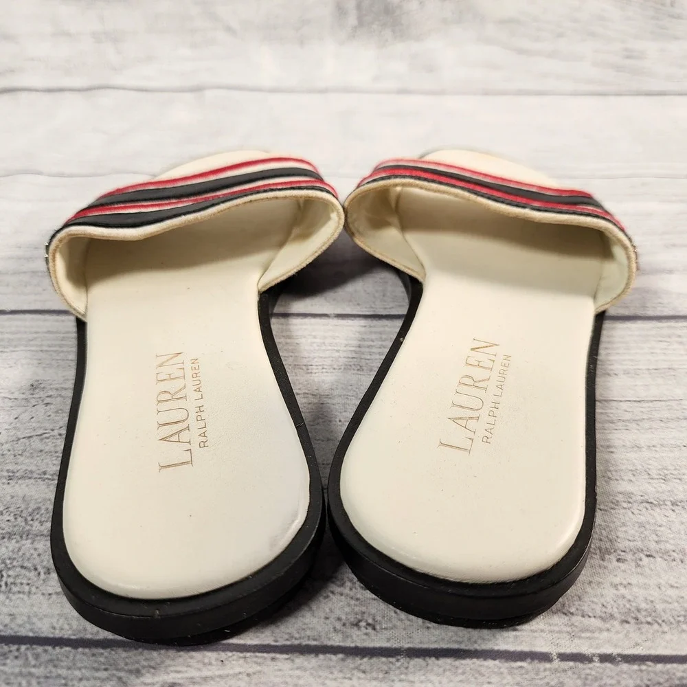 Lauren Ralph Lauren Natania Striped Leather Slide Sandals White Black Red 6.5B
